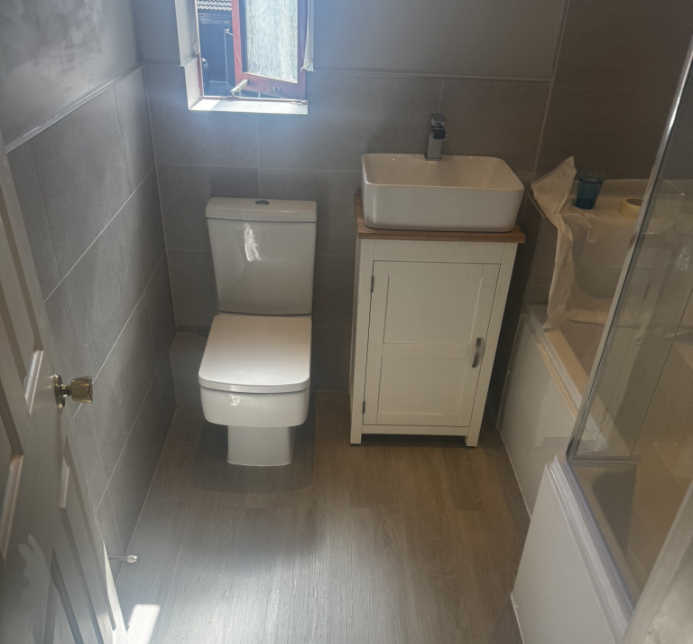 Toilet and high standing sink with storage underneath
