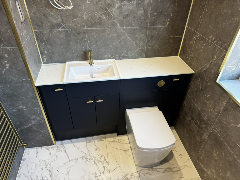 Sink and toilet with combined dark storage units and gold fixtures
