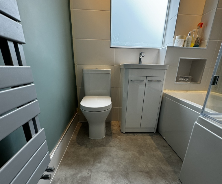 Modern Bathroom With Teal Wall and Storage Under Sink