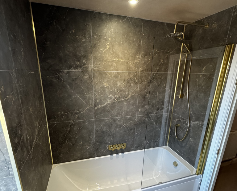 Dark tile and gold fixtures Bath and Shower combo
