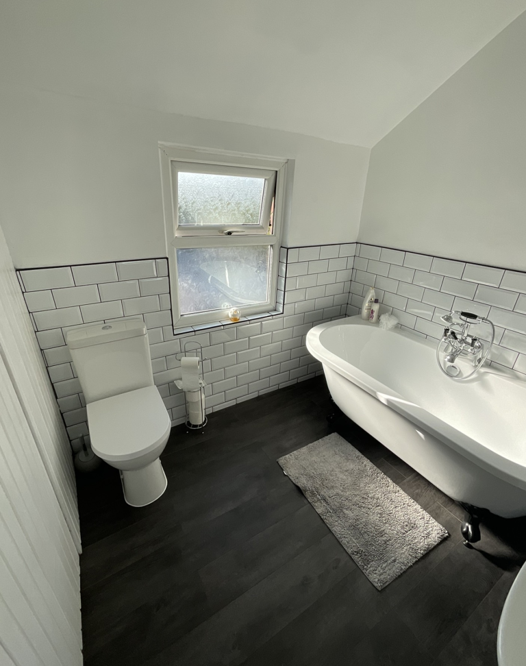 White tile minimal modern design with dark flooring